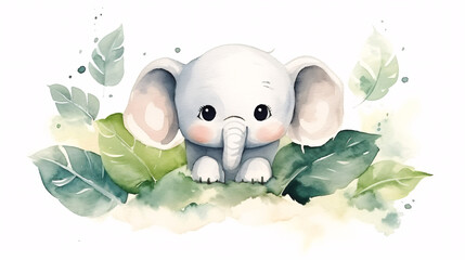 Cute baby elephant with leaves. Watercolor illustration on white background