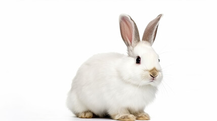 Obraz premium Snowy-white bunny poses gracefully in a pristine studio, a vision of purity against the immaculate backdrop, captivating with its adorable charm