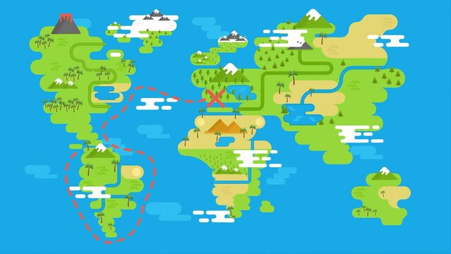 2D illustration Animated Scene of Ocean Route On World Map Pointing Out With Markings
