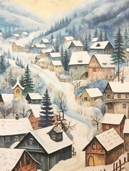 Snow-covered Christmas Village: Cozy Vintage Wall Art & Winter Scene
