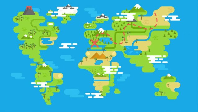 2D Rendered Animated Static Scene Of Travel Route From Asia To Europe On The World Map.