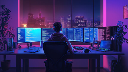 Programmer with Multiple Screens in Neon-Lit Office
