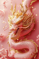 Naklejka premium ornate pink and golden Chinese dragon on pink background