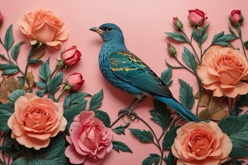 Floral Symphony Generative AI's Bird and Rose Botanical Elegance on Colorful Canvas
