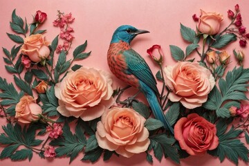 Floral Symphony Generative AI's Bird and Rose Botanical Elegance on Colorful Canvas