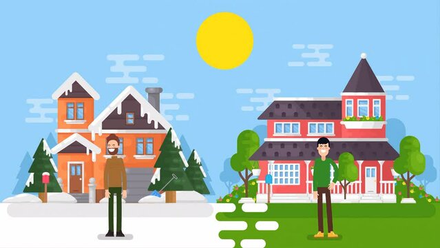 2D illustration Animated Scene of Winter And Summer Seasons Comparison By Two Guys Switching Their Places.