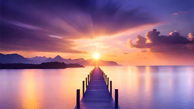 Paesaggio. Un molo si perde nel lago, con sfondo di montagne e colline, nella luce del tramonto. Il sole, ormai prossimo all&rsquo;orizzonte, illumina di caldi colori tutto il paesaggio.
