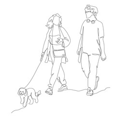 Young couple walking with poodle dog. Man and woman talking and looking at each other. Continuous line drawing. Vector illustration in line art style.