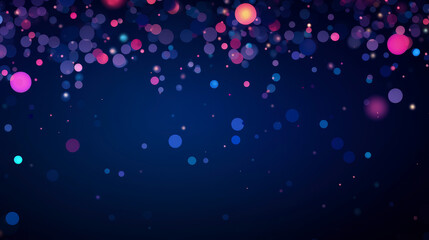 Festive gradient blue background with round flying confetti, bokeh and bright particles. Illustration for greeting card, carnival, holiday, celebration. Copy space.