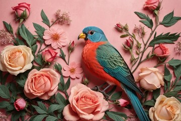 A Tapestry of Nature Generative AI's Bird and Rose Blossoms in Multicolor Bliss