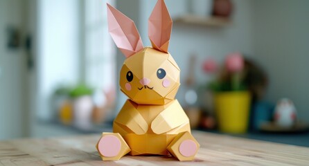 Paper easter bunny sits on wooden table, easter crafts image