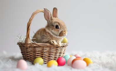 Cute bunny sitting in basket with colorful eggs celebrating easter joyfully, easter bunny concept