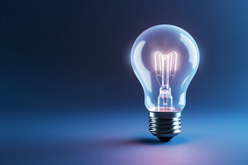Electric burning light bulb on a plain blue background. - obrazy, fototapety, plakaty