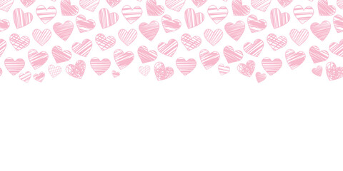 Pink heart border, vector banner with hand drawn hearts cute valentine day celebration background, holiday wallpaper design