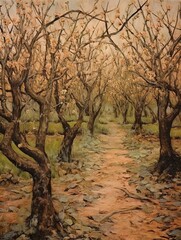 Distressed Orchard Vistas: Vintage Paintings of a Fruitful Grove