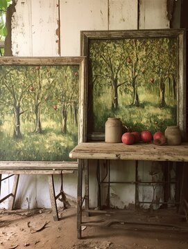 Vintage Distressed Fruit Grove Paintings: Captivating Farmhouse Orchard Art