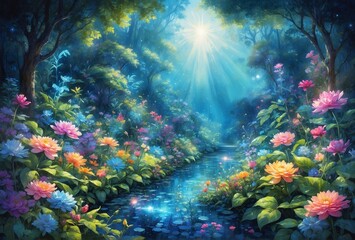Fototapeta na wymiar In this captivating watercolor painting, an augmented electrifying digital garden comes to life with vibrant colors and ethereal beauty.