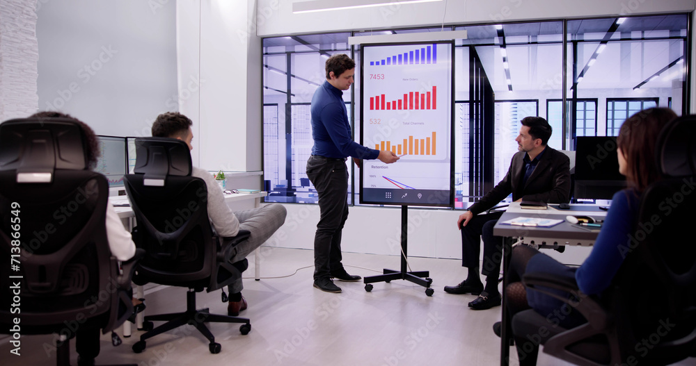 Poster diverse team meeting with tv screen