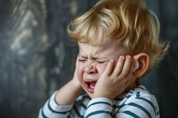 Toddler in tears, covering his ears with his hands.