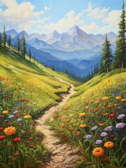 Enchanted Alpine Charm: A Breathtaking Field Painting on the Mountain Trail