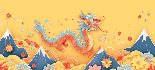 Vibrant paper art style Chinese dragon, woven through a whimsical landscape of stylized mountains and flowers, symbolizing prosperity and joy. A festive celebration of Chinese New Year.