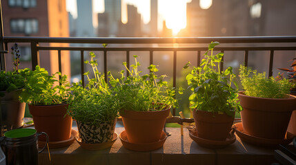 a small herb garden thriving on a city apartment balcony. an array of potted herbs, including parsley, cilantro, chives, and lavender against an urban background.
