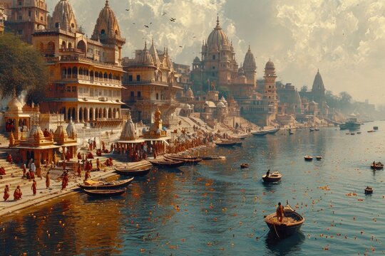 Varanasi, View of Prayag Ghat and Dashaswamedh Ghat from Ganges river at Varanasi Uttar Pradesh India
