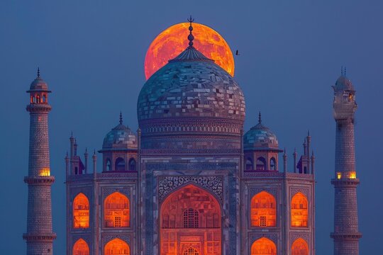 Crescent moon over Taj Mahal in Agra India, Jamuna River