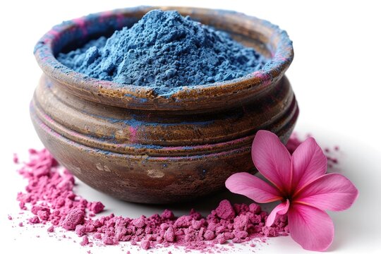 Holi color powder in traditional matki with flower, happy holi
