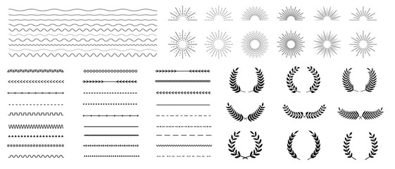 Set of design elements. Wreath, calligraphic, laurel leaves, ornate. Lines, waves, zigzag, borders. Retro sunburst design. Vector illustration
