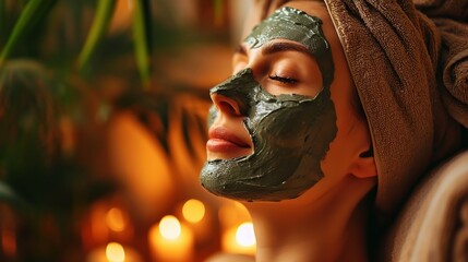 Skin care, woman enjoying clay face mask in spa, relaxation and health care. Created with Generative Ai technology.