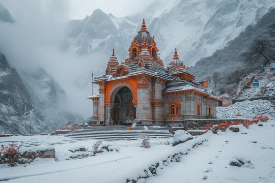 An ancient kedarnath temple, snow in the mountain