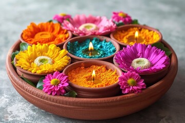 Obraz na płótnie Canvas Vibrant Diwali Diyas with Flowers on Traditional Plate, thali decorated with flowers and diya