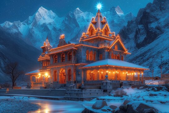 View of the Kedarnath temple lights at night with mountains in the background
