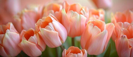 Close up beautiful bouquet of peach fuzz color tulips close up banner spring background.