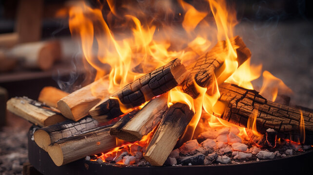 Burning firewood in barbecue