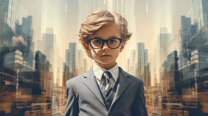 Cute boy wearing a suit and glasses with city double exposure - obrazy, fototapety, plakaty