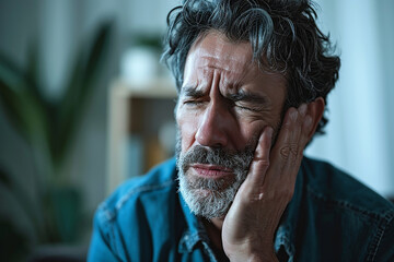 Distressed man feeling a sharp pain in his jaw. High quality photo