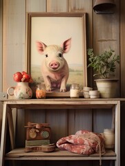 Farmhouse Animal Portraits: Piglet Playtime in Vintage Painting
