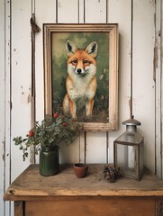 Vintage Friendly Fox Farmhouse Animal Portraits | Wall Art Vintage Painting