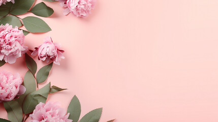 Fototapeta na wymiar Captivating Festive Banner: Peony Flowers and Green Leaves on Pink Pastel Background - Perfect for Promotions and Celebrations