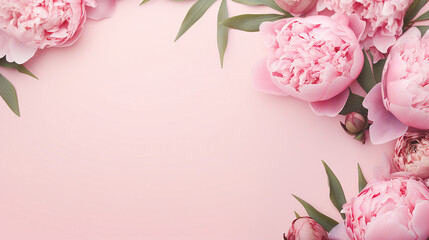Obraz na płótnie Canvas Captivating Festive Banner: Peony Flowers and Green Leaves on Pink Pastel Background - Perfect for Promotions and Celebrations