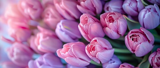 Fototapeta premium Beautiful close up bouquet of lilac tulips close up banner background for spring women's holidays.