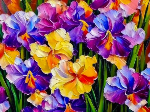 Oil flowers. Beautiful delicate feminine multi-colored spring or summer flowers close-up generated by AI. Bouquet of flowers. Flowers in a flowerbed. Postcard, congratulations to a woman. Iris flower