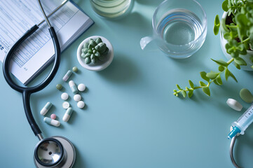 Healthcare tools, pills, and stethoscope laid out for an examination.