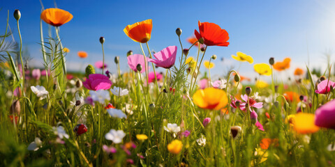 Obraz premium Colorful Blooming Meadow: A Joyful Tapestry of Wildflowers, Poppy Blossoms and Fresh Greens Under a Sunny Blue Sky