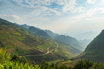 Ha Giang landscape in Northern Vietnam. Popular Ha Giang Loop tour route scenery in Vietnam