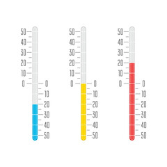 Temperature icons set in flat style. Simple meteorology thermometers measuring heat and cold.