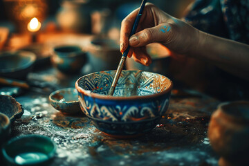 Potter decorating a handcrafted bowl with traditional patterns, using a palette of rich, colorful enamels.