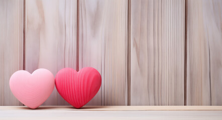two pink wooden heart shape on wooden background